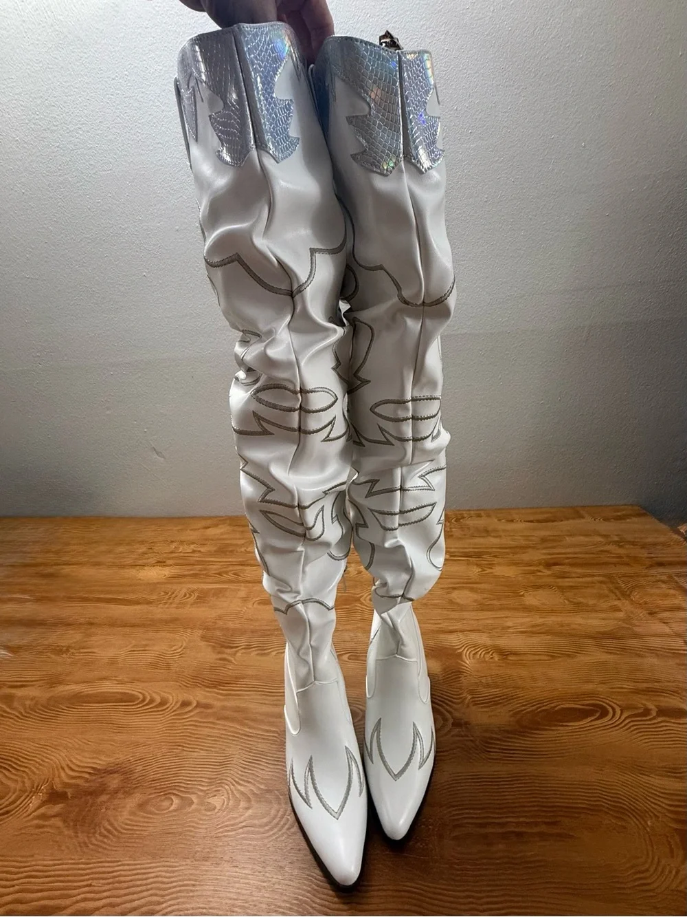 White Over-the-Knee Western-Inspired Boots with Iridescent Trim